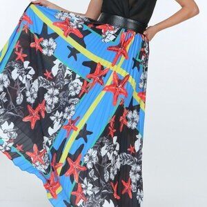 Brand New Ladies Pleated Multi color Print Maxi Skirt with leather waist band M